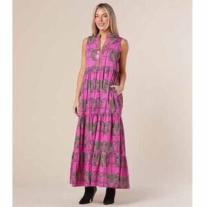 NWT Sheridan French Tessa Jungle Cat Cotton Side Pockets Maxi Dress Fuchsia Sz M